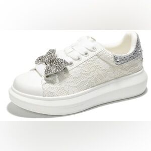 810. NEW Cape Robbin White Lace Sneakers with Silver Rhinestone Bow